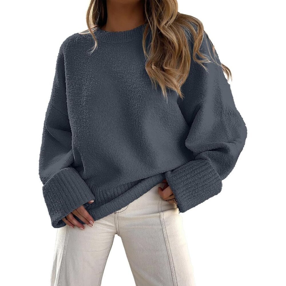 Women's Dark Gray Oversized Long Sleeve Casual Fuzzy Knit Sweater